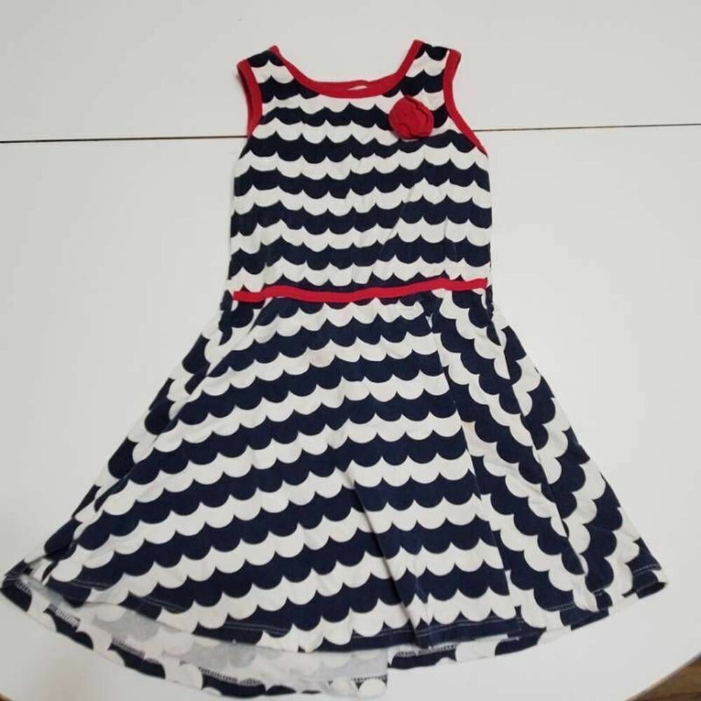 Nannette Dress Girls 5 A-Line Navy White Scallop Stretch Sleeveless Pink Flower
